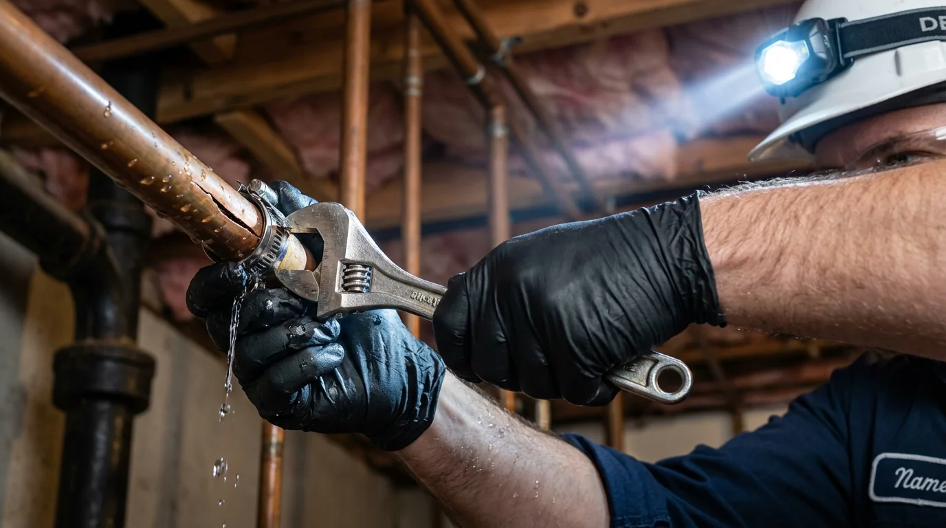 Emergency pipe clamp repair being performed by a Johns Plumbing LLC plumber in Bellefonte