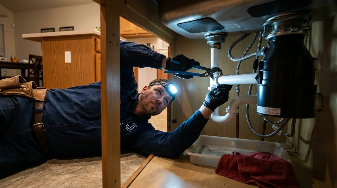 P-trap and supply line connections under a kitchen sink showing a common leak point in Bellefonte, PA